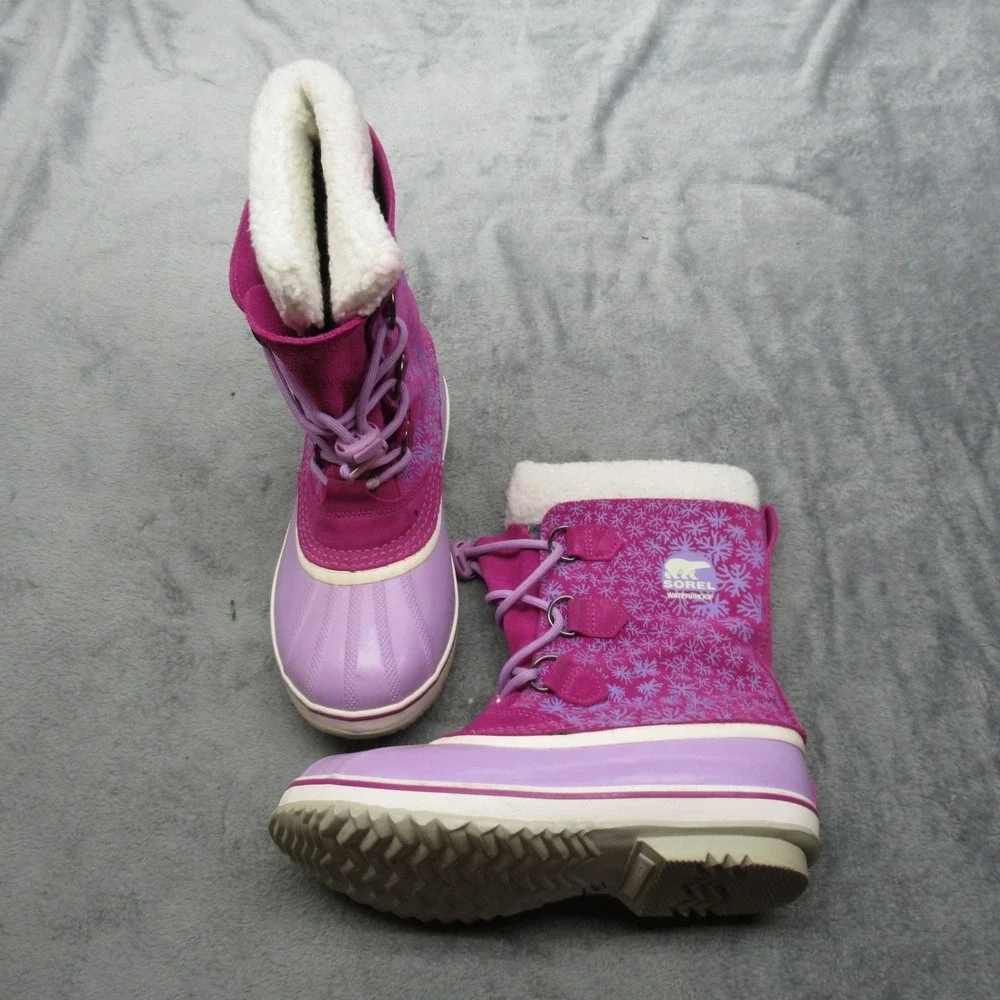 Sorel Snow Boots Youth 6 Purple Snowflake Lace Up Faux Fur Waterproof Winter